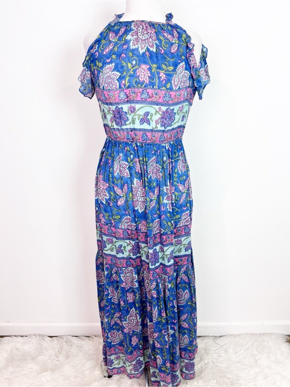 ALICIA BELL BLUE SLEEVELESS PINK AQUA PRINT FLORAL BOHO MAXI DRESS SZ XS
